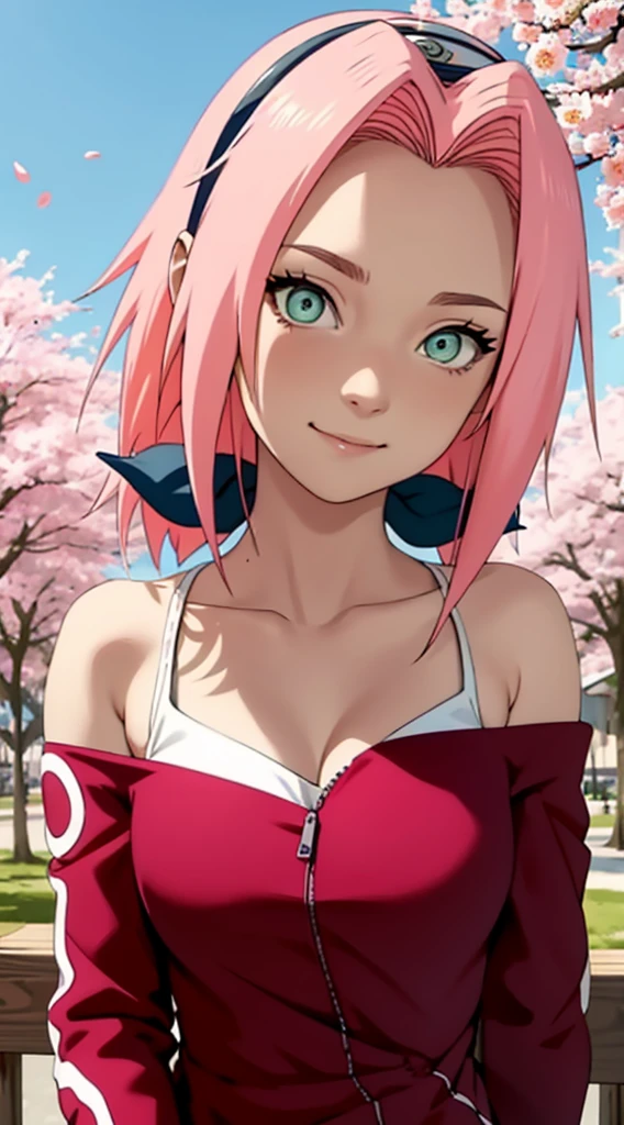 tmasterpiece， Best quality at best， 1girll， Sakura Haruno， Large breasts，Off-the-shoulder attire，（cleavage)，（upperbody closeup)，Raised sexy，is shy，ssmile，with pink hair， long whitr hair， （Green eyeballs:1.4)， Forehead protection， the cherry trees，Cherry blossoms flying，Red clothes，Zipper half