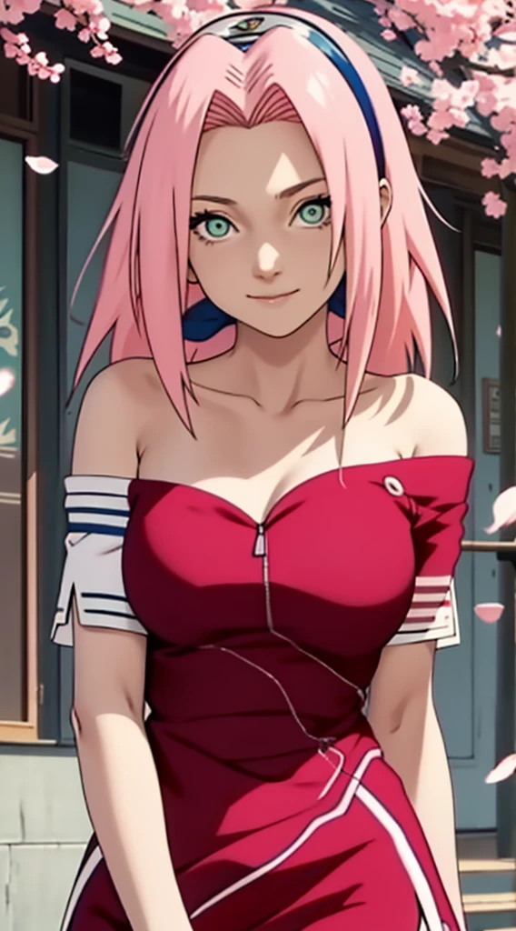 tmasterpiece, Best quality at best, 1girll, Sakura Haruno, Large breasts,Off-the-shoulder attire,(cleavage),(upperbody closeup),Raised sexy,is shy,ssmile,with pink hair, long whitr hair, (Green eyeballs:1.4), Forehead protection, the cherry trees,Cherry blossoms flying,Red clothes,Zipper half