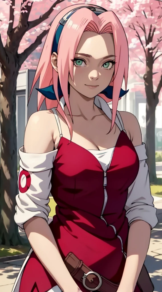 tmasterpiece， Best quality at best， 1girll， Sakura Haruno， Large breasts，Off-the-shoulder attire，（cleavage)，（upperbody closeup)，Raised sexy，is shy，ssmile，with pink hair， long whitr hair， （Green eyeballs:1.4)， Forehead protection， the cherry trees，Cherry blossoms flying，Red clothes，Zipper half