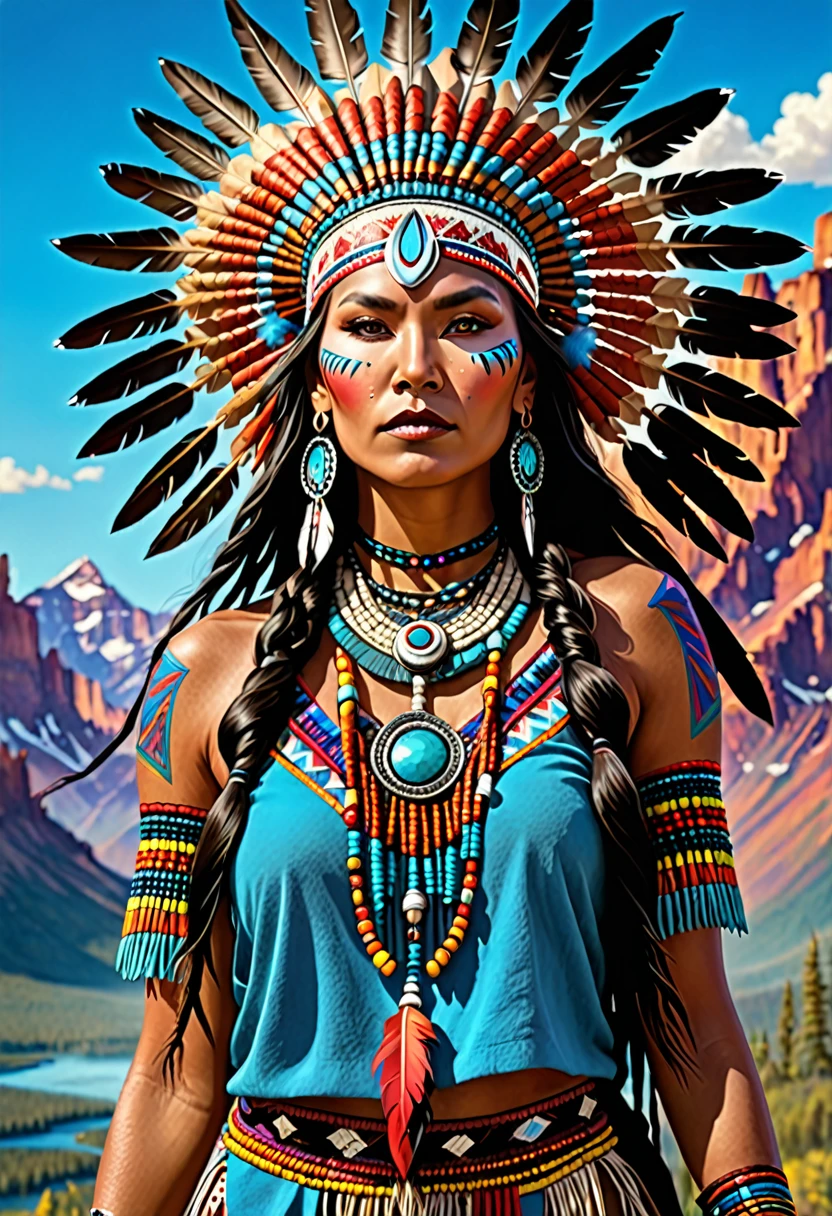 Transport yourself to a world of fantasy and magic with a breathtaking depiction of a Native American shaman princess, adorned with vibrant colors and intricate details, standing tall and proud behind a stunning UHD backdrop.