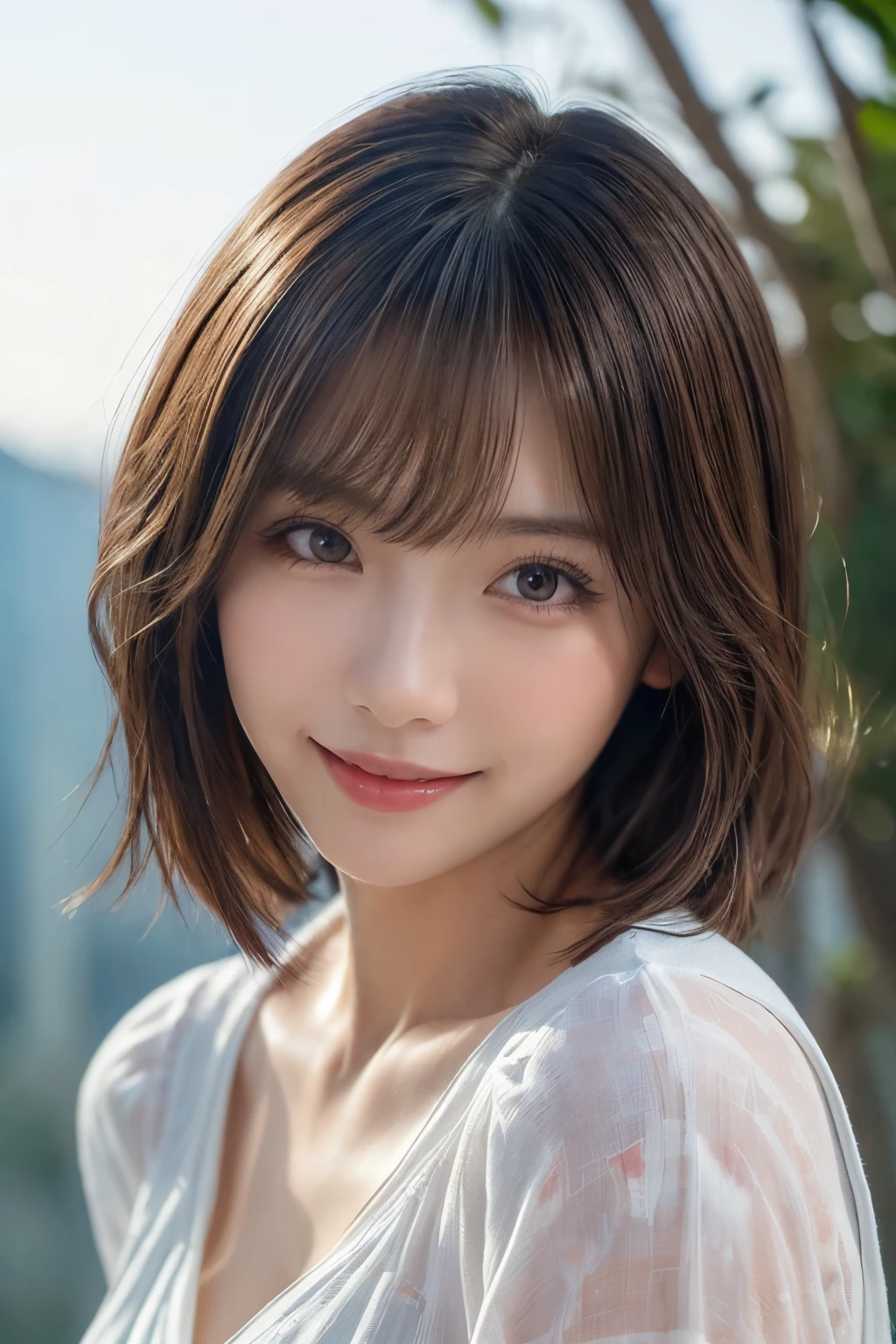 (masterpiece:1.2, Highest quality), (beautiful, fine grain: 1.2、beautiful skin、beautiful hair、Good attitude and dignity、beautiful manners、regrettable、beautiful eyes), ((One Woman)), (Light brown eyes:1.4), (Detailed eyes and face:1.3), ((Short Hair Woman)), (beautiful and vivid background:1.2), (Very detailedなCG, Very detailed, Best Shadow:1.1), ((Written boundary depth)), ((watercolor)), beautiful concept shape, (Blue background:0.5), (shape:1.1), (とても素敵でbeautiful:1.1), (Perfect detail:1.1), from the front, Cowboy Shot, scenery 、Listen carefully、長くbeautiful首、Keep your mouth closed and give your viewers a happy smile..