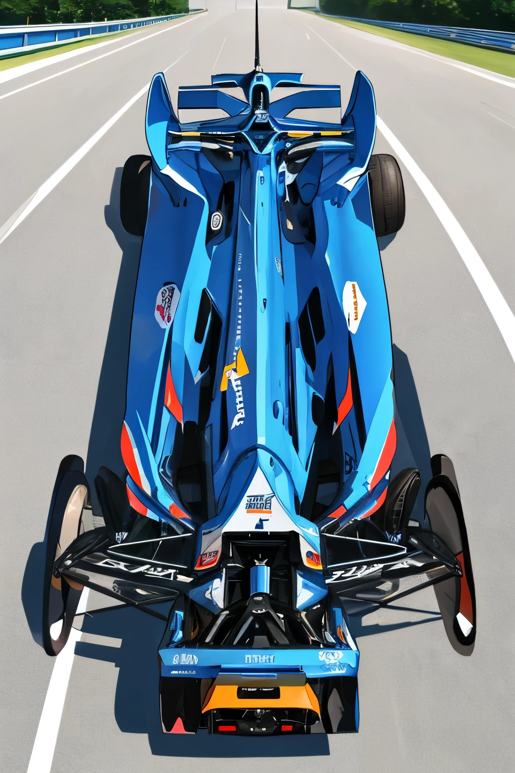 bluish black sports racing vehicle, from a third person point of view from the rear, firm straight