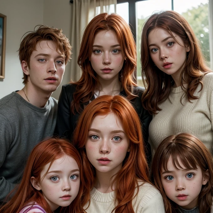 Two red-haired girls, one 10 years old and the other 16 years old, surrounded by 6 red-haired boys, 17 years old, and a red-haired boy, 15 years old.