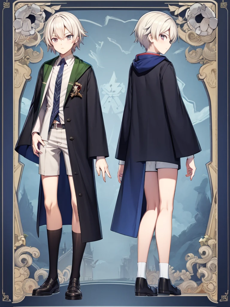 wizard school coat, short pants, wizard, full body, concept art , shota,character sheet