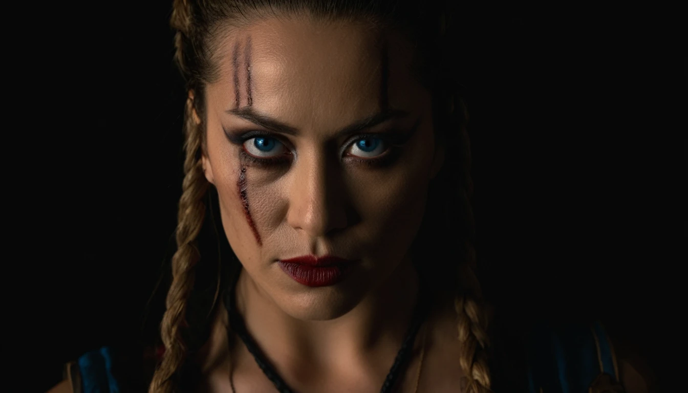 cinematic film hara-kiri seppuku bushido realistic illuminat still dramatic side lighting, dramatic intense stare closeup portrait, dark black background, hdr, dramatic beautiful warrior woman with warrior face paintings and blood, viking braids, blue eyes, pelt, skull necklace, shallow depth of field, vignette, highly detailed, high budget Hollywood film, cinemascope, moody, epic, gorgeous