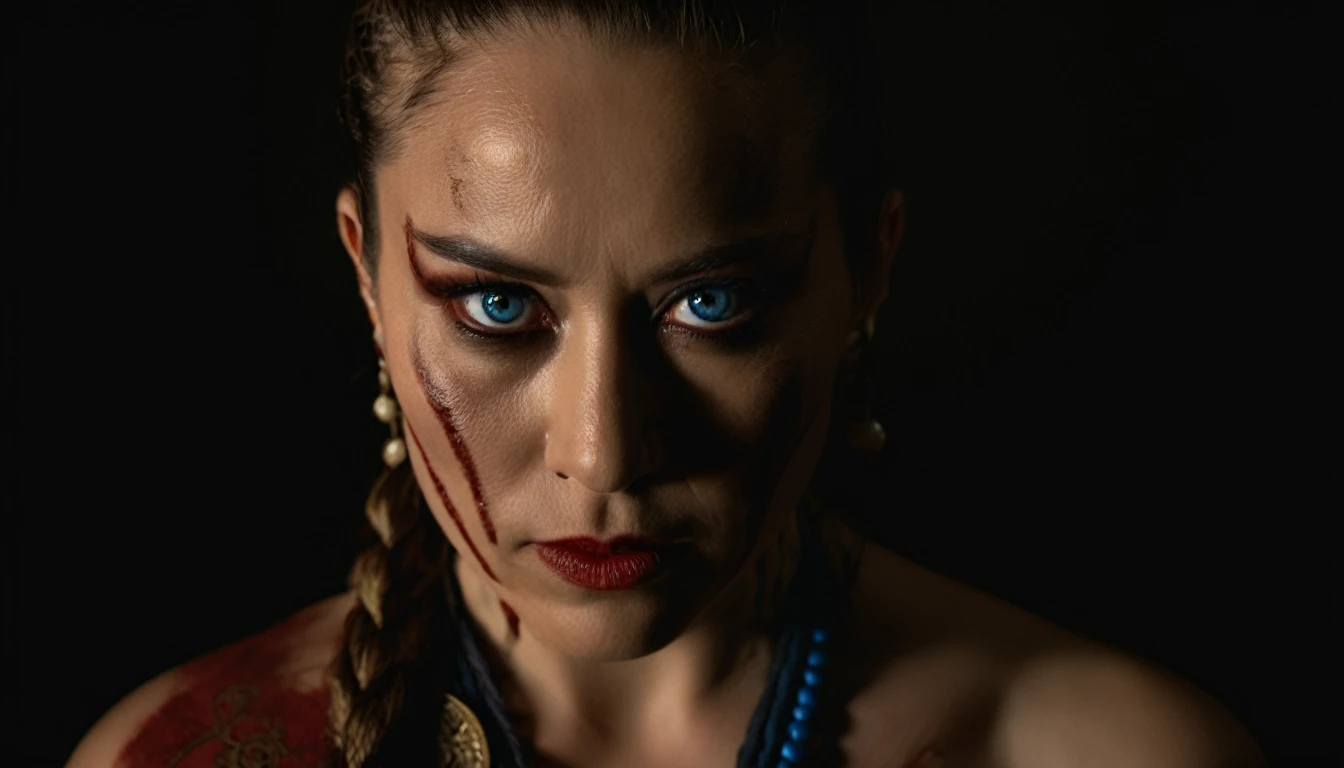 cinematic film hara-kiri seppuku bushido realistic illuminat still dramatic side lighting, dramatic intense stare closeup portrait, dark black background, hdr, dramatic beautiful warrior woman with warrior face paintings and blood, viking braids, blue eyes, pelt, skull necklace, shallow depth of field, vignette, highly detailed, high budget Hollywood film, cinemascope, moody, epic, gorgeous
