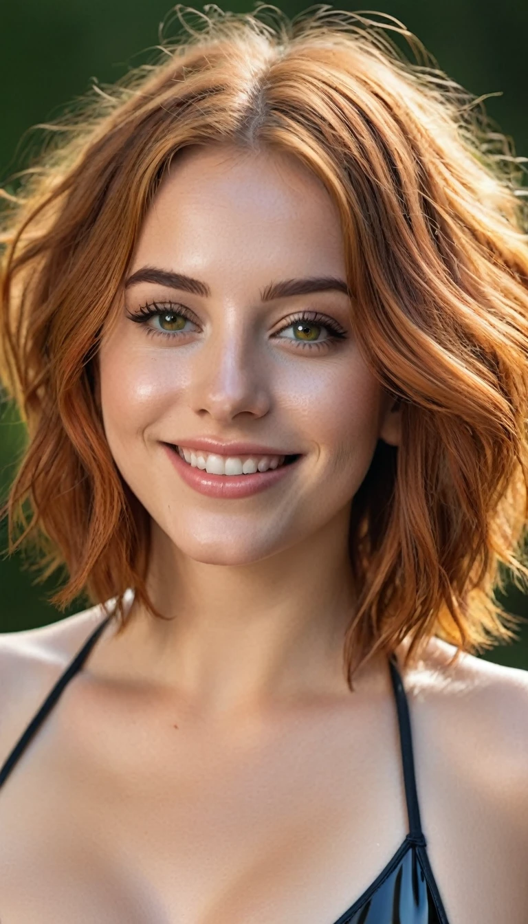 ultrarealistic high quality full body photo of a beautiful busty slim european 25-year-old woman with cute hyperdetailed shy face and natural redhead long messy bob hair and shy smile , realistic round hazel eyes, natural lips, dark eye makeup with eyeliner, wearing latex swimsuit, hourglass body, outdoor photography, tanned