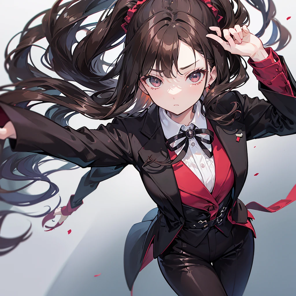 A woman named Marnie. She has short, curly and wavy dark brown hair. She has black eyes. Her personality is calm, blank, introvert. She is wearing dark red suit. She wearing white boots.
