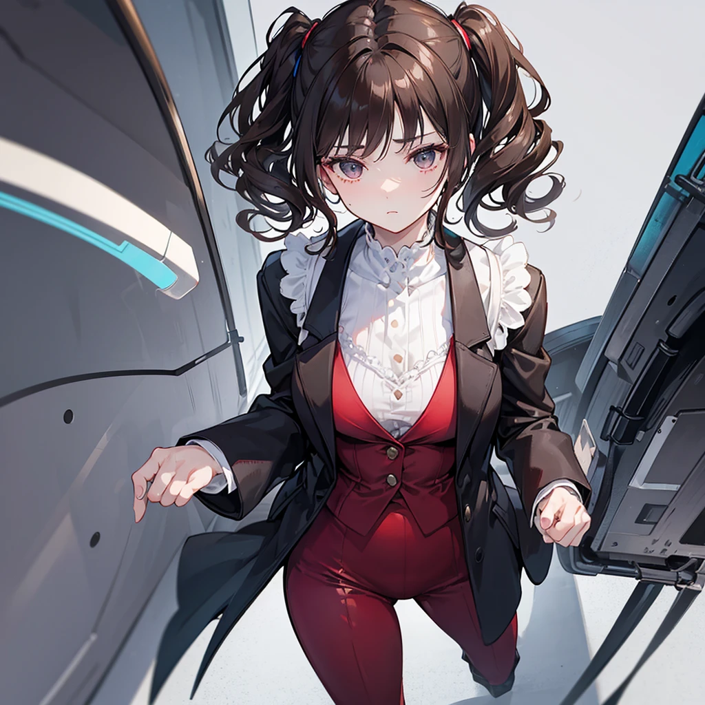 A woman named Marnie. She has short, curly and wavy dark brown hair. She has black eyes. Her personality is calm, blank, introvert. She is wearing dark red suit. She wearing white boots.
