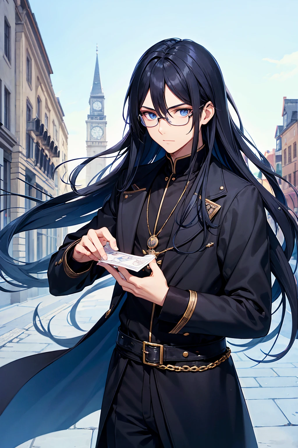 Man with glasses, magician with long black hair, dark blue eyes, wears blue with black magician clothes, young magician, intellectual, cold personality, medieval city background.