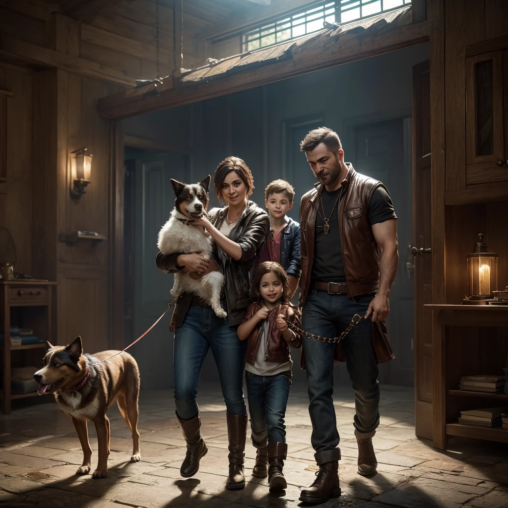 lovely happy family with their dog, beautiful color, realistic, wide screen, intricate detail, splash screen, complementary colors, realistic concept art, Unreal Engine 5 volumetric lighting, dynamic lighting hyperdetailed, emotional