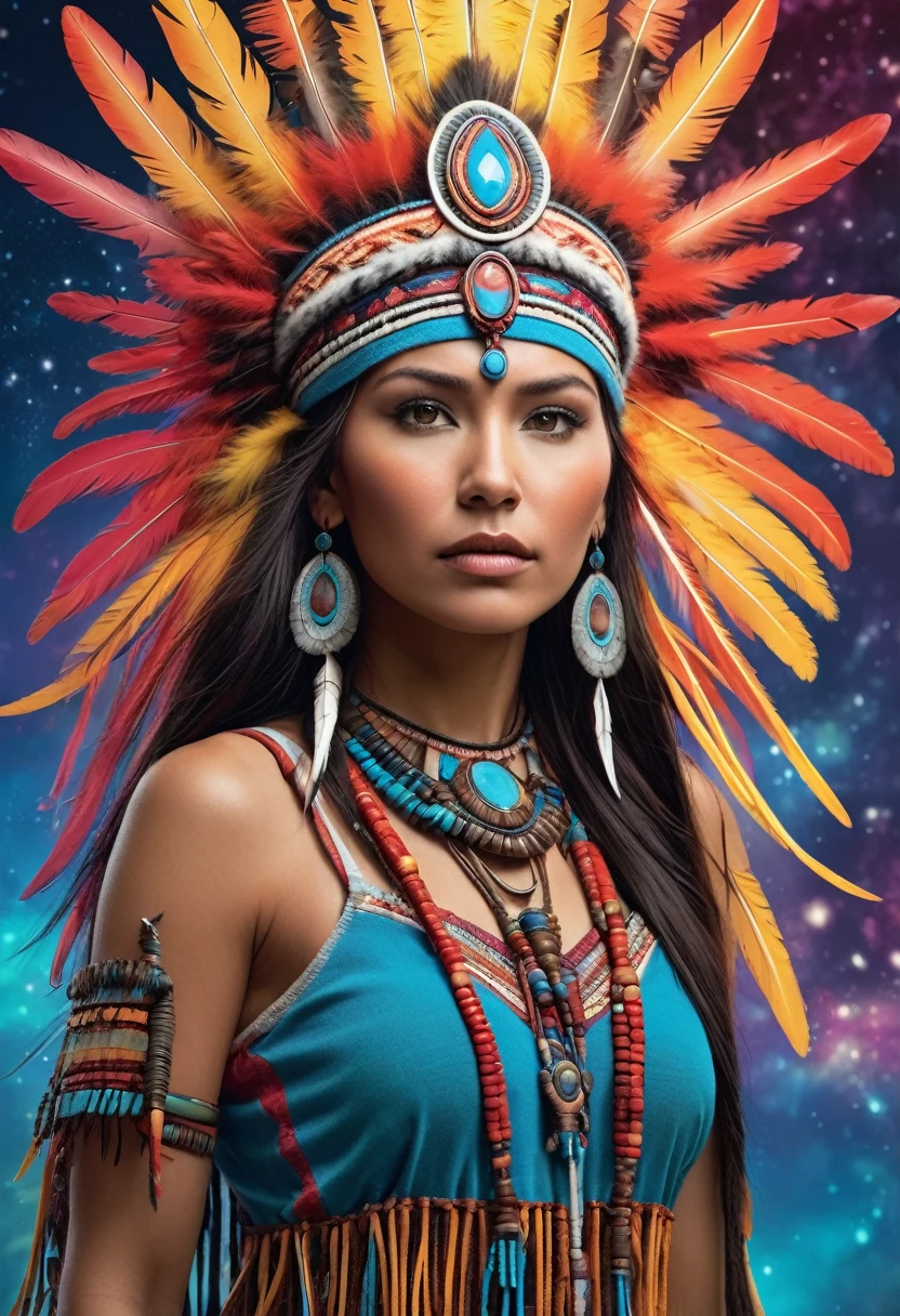Transport yourself to a world of fantasy and magic with a breathtaking depiction of a Native American shaman princess, adorned with vibrant colors and intricate details, standing tall and proud behind a stunning UHD backdrop.