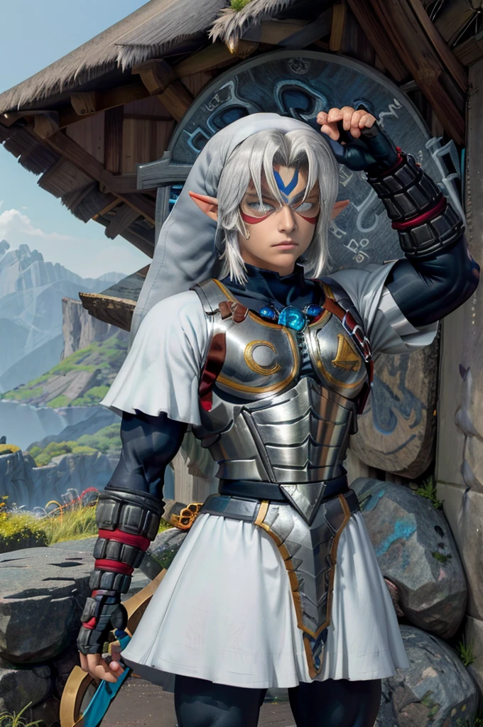a muscular male figure wearing a white tunic, belt, Fingerless Gloves, und boots, , posing and looking at the viewer from above, surrounded by mountains and rocks, (best quality,4K,8K,highres,masterpiece:1.2),Ultra-detail,(realisti,photorealisti,photo-realisti:1.37),portrait,Fantasies,dramatic lighing,filmic, (((a muscular male figure))), STRONG FIGURE, breast out, powerful ,powerfule Aura, white glowing eyes, (((Flex your muscles))), garment: Unter der armor trägt er ein langes, weißes garment, that reaches down to the ankles. Das garment ist an den Rändern mit blauen und silbernen Mustern verziert., boots: Seine boots sind schwer und robust, passend zur armor, and reach to the knees. They are also decorated with the same mystical symbols.armor: Er trägt eine beeindruckende armor, which is mainly in blue and white. Die armor hat eine antike, but still robust aesthetics, with sharp and clear lines. Mystical symbols are engraved above the breastplate and shoulders.balck hair: Sein balck hair ist weiß und etwas länger als die Schultern, smooth and flowing.Face and eyes: His face is serious and determined, with bright white eyes, that radiate a supernatural power.Height and stature: Fierce Deity Link is tall and muscular, with an imposing and powerful presence.
