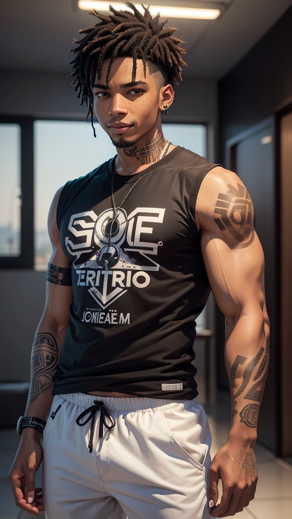 ((masterpiece, best quality)),(complex lighting) ,solo,(((1guy))), Black skin, emo rapper, Slightly notorious criminal, mischievous smile, light skinned, freckled face, Slight undercut, long bangs, medium length, dark red hair, tattoos, face tattoos, white t shirt, pants, (((8k)))