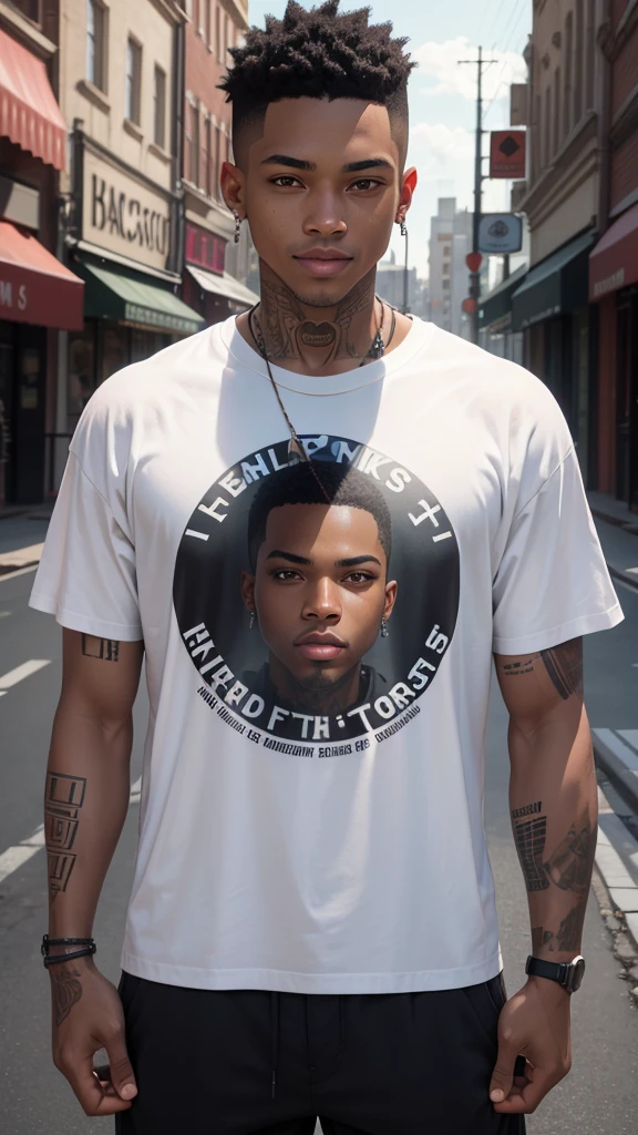 ((masterpiece, best quality)),(complex lighting) ,solo,(((1guy))), Black skin, emo rapper, Slightly notorious criminal, mischievous smile, light skinned, freckled face, Slight undercut, long bangs, medium length, dark red hair, tattoos, face tattoos, white t shirt, pants, (((8k)))