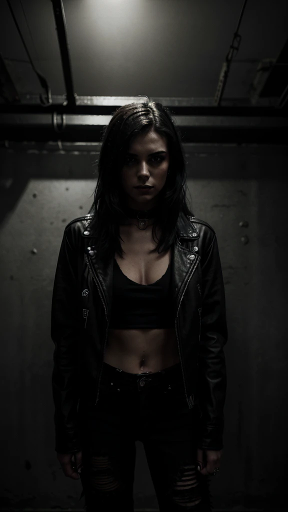 a 21 year old female rocker, wearing dark makeup, black leather jacket, ripped jeans, holding an electric guitar, standing in a dark moody setting, dramatic lighting, gritty, industrial, cinematic, high contrast, hyperrealistic, chiaroscuro, moody atmosphere