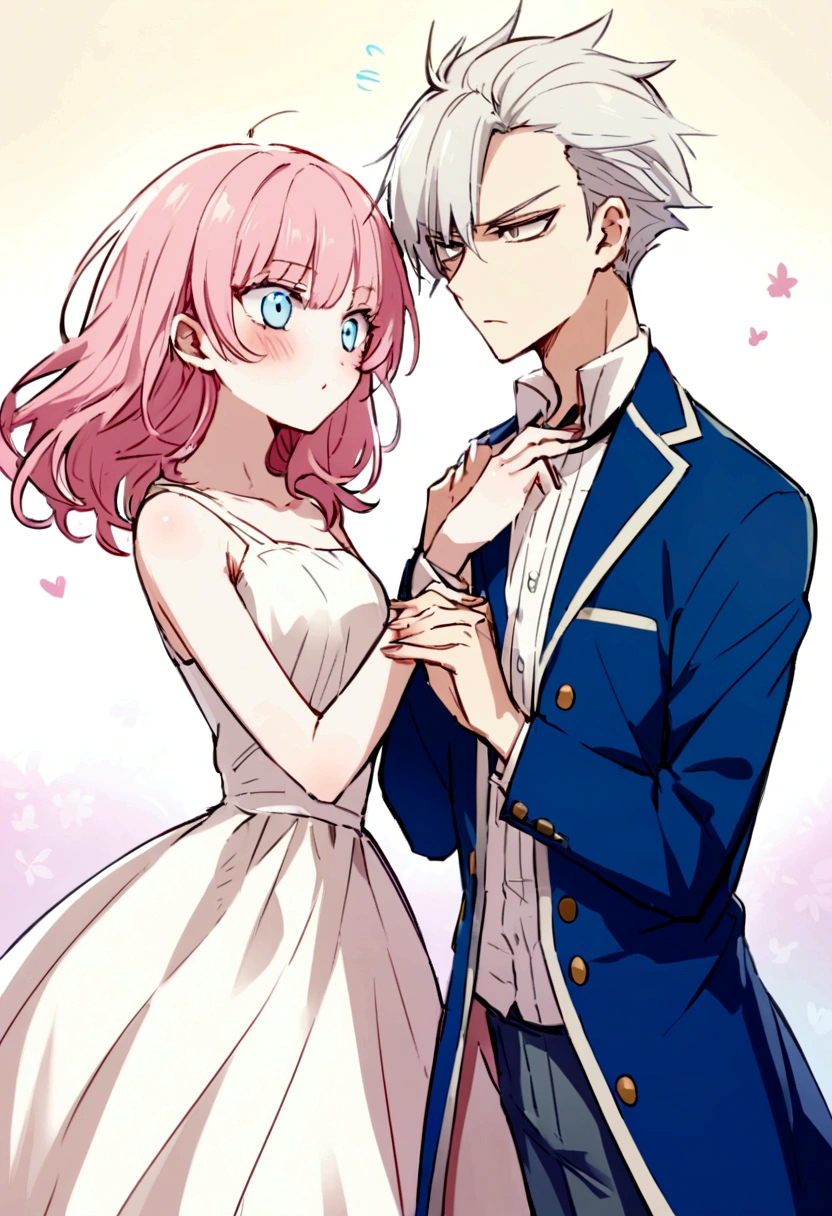 I would like you to create the cover of an anime book featuring a scene involving a young girl with long pink hair and light brown eyes, wearing a long white dress, next to a boy with short white hair and light blue eyes, dressed in a modern style. They are close, him caressing your cheek and exchanging intense looks, as she glares at him with a furious expression. And above the name of the book: I love you, but you love me?