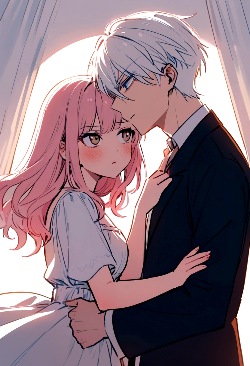 I would like you to create the cover of an anime book featuring a scene involving a young girl with long pink hair and light brown eyes, wearing a long white dress, next to a boy with short white hair and light blue eyes, dressed in a modern style. They are close, him caressing your cheek and exchanging intense looks, as she glares at him with a furious expression. And above the name of the book: I love you, but you love me?
