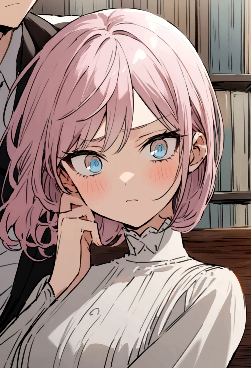 I would like you to create the cover of an anime book featuring a scene involving a young girl with long pink hair and light brown eyes, wearing a long white dress, next to a boy with short white hair and light blue eyes, dressed in a modern style. They are close, him caressing your cheek and exchanging intense looks, as she glares at him with a furious expression. And above the name of the book: I love you, but you love me?