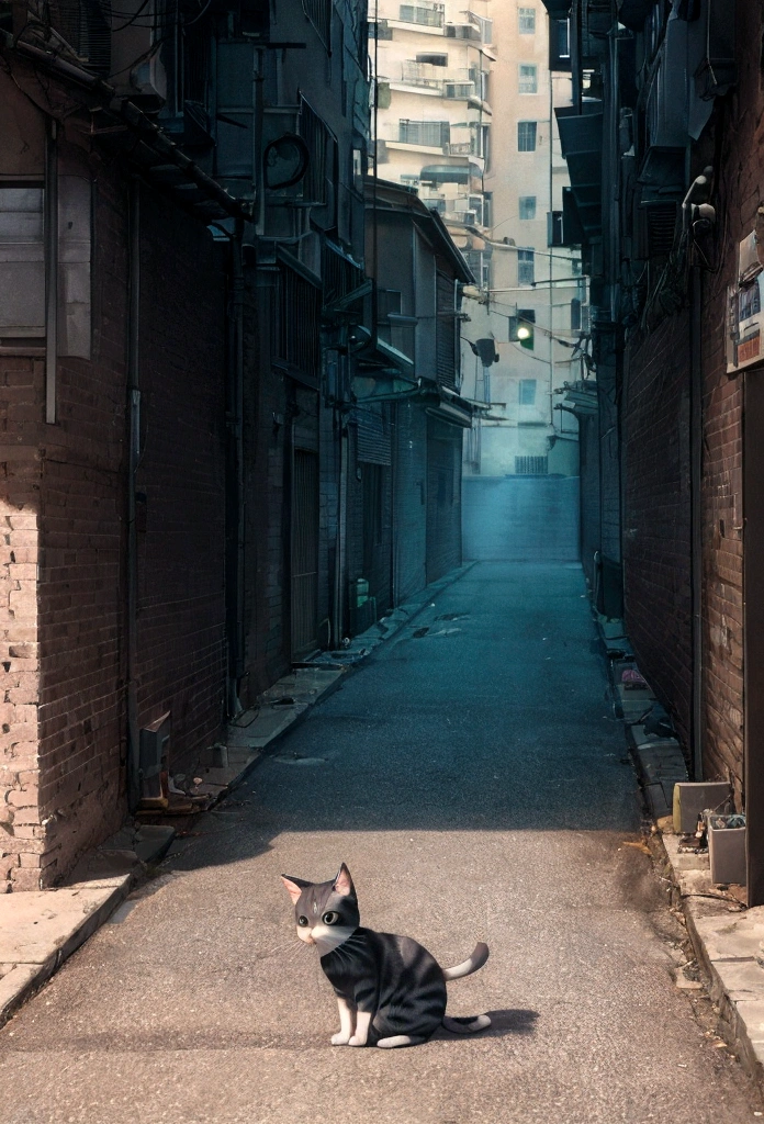 Create an animation showing a  kitten in a dark alley, surrounded by urban noises. Emphasize the vulnerability of the kitten and the hostile environment.