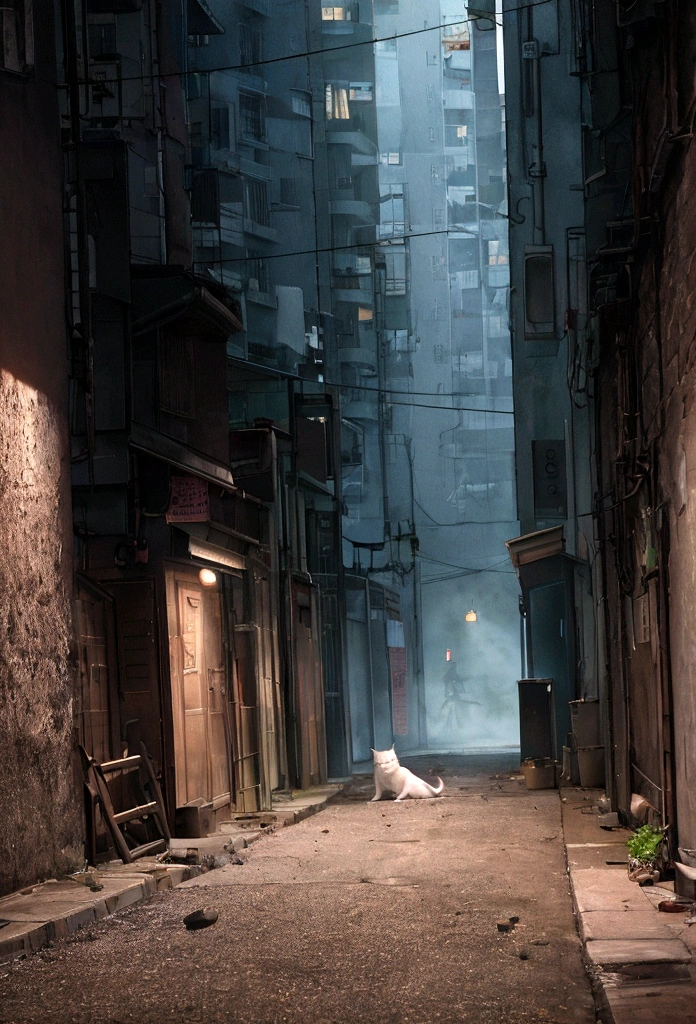 Create an animation showing a newborn kitten in a dark alley, surrounded by urban noises. Emphasize the vulnerability of the kitten and the hostile environment.