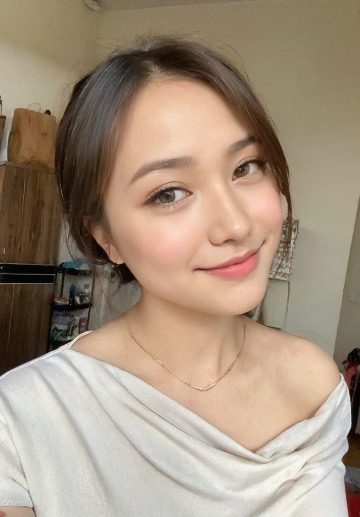 (best quality,8k,highres,masterpiece:1.2), realistic, photorealistic:1.37, UHD, studio lighting, sharp focus, extreme detail description, professional, vivid colors, bokeh, portraits, extremely detailed face texture, beautiful detailed eyes, beautiful detailed lips, extremely detailed hair, dark colored hair, youthful appearance, big round breast, cleavage, proportional eyes, seducing smile, clean and natural face, no makeup, bare face, indonesian face,