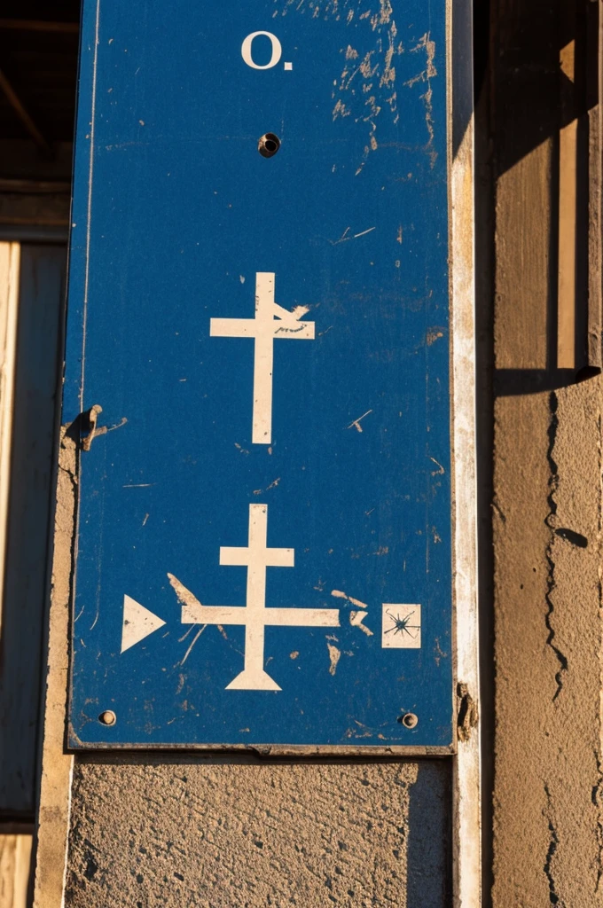A warning sign with an inverted cross