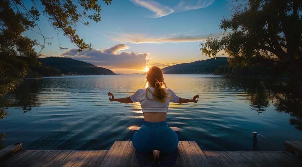 A woman filmed with her back facing the sunrise in a meditative position with nature and a calm lake around her, the woman is sitting on a rug and a cushion on a wooden pier, a color palette s]in shades of blue and yellow.. ultra realistic image, The woman wears white pants only