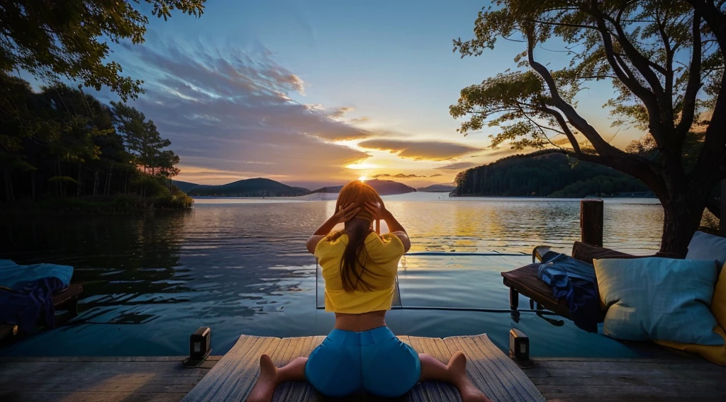 A woman filmed with her back facing the sunrise in a meditative position with nature and a calm lake around her, the woman is sitting on a rug and a cushion on a wooden pier, a color palette s]in shades of blue and yellow.. ultra realistic image, The woman wears white pants only