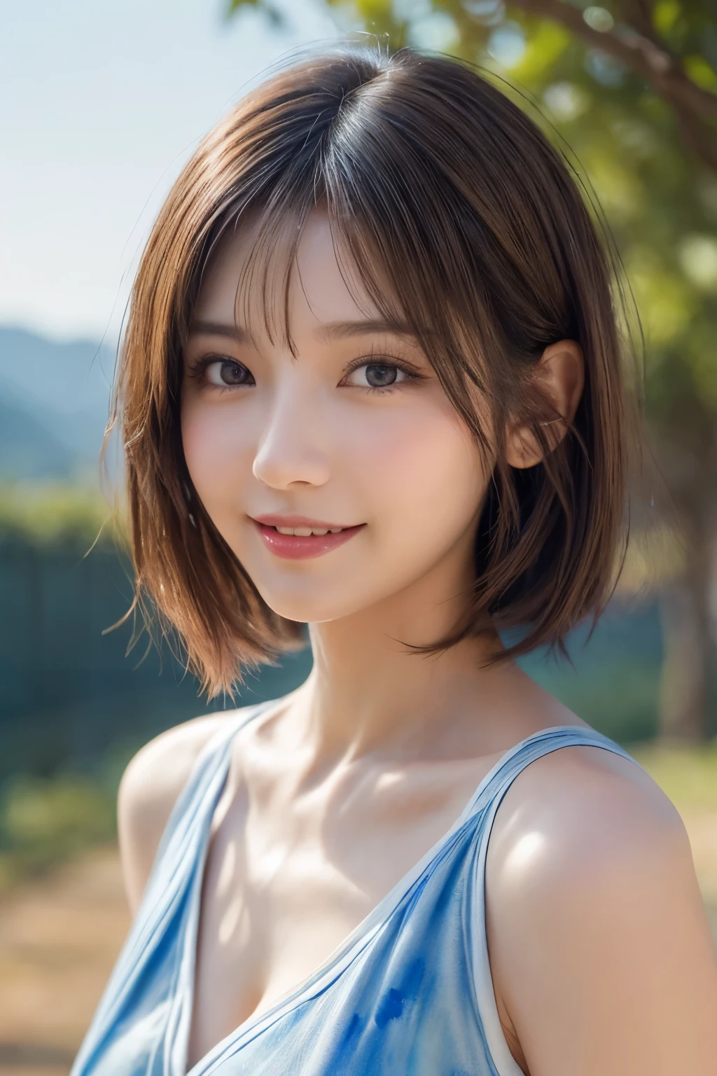(masterpiece:1.2, Highest quality), (beautiful, fine grain: 1.2、beautiful skin、beautiful hair、Good attitude and dignity、beautiful manners、regrettable、beautiful eyes), ((One Woman)), (Light brown eyes:1.4), (Detailed eyes and face:1.3), ((Short Hair Woman)), (beautiful and vivid background:1.2), (Very detailedなCG, Very detailed, Best Shadow:1.1), ((Written boundary depth)), ((watercolor)), beautiful concept shape, (Blue background:0.5), (shape:1.1), (とても素敵でbeautiful:1.1), (Perfect detail:1.1), from the front, Cowboy Shot, scenery 、Listen carefully、長くbeautiful首、Keep your mouth closed and give your viewers a happy smile..