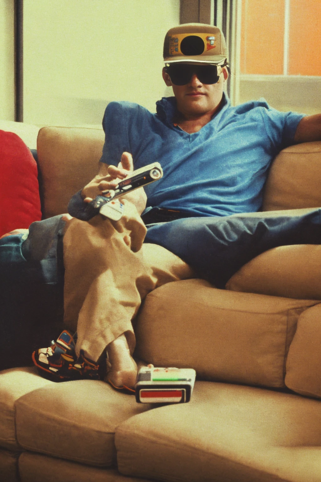 a man sitting on a couch, playing a Nintendo video game, 1980s, nostalgic, living room interior, retro aesthetic, warm lighting, film grain, detailed facial features, expressive hands, relaxed pose, 80s atmosphere, vintage video game console, classic Nintendo controller, Saturday morning, natural daylight through window