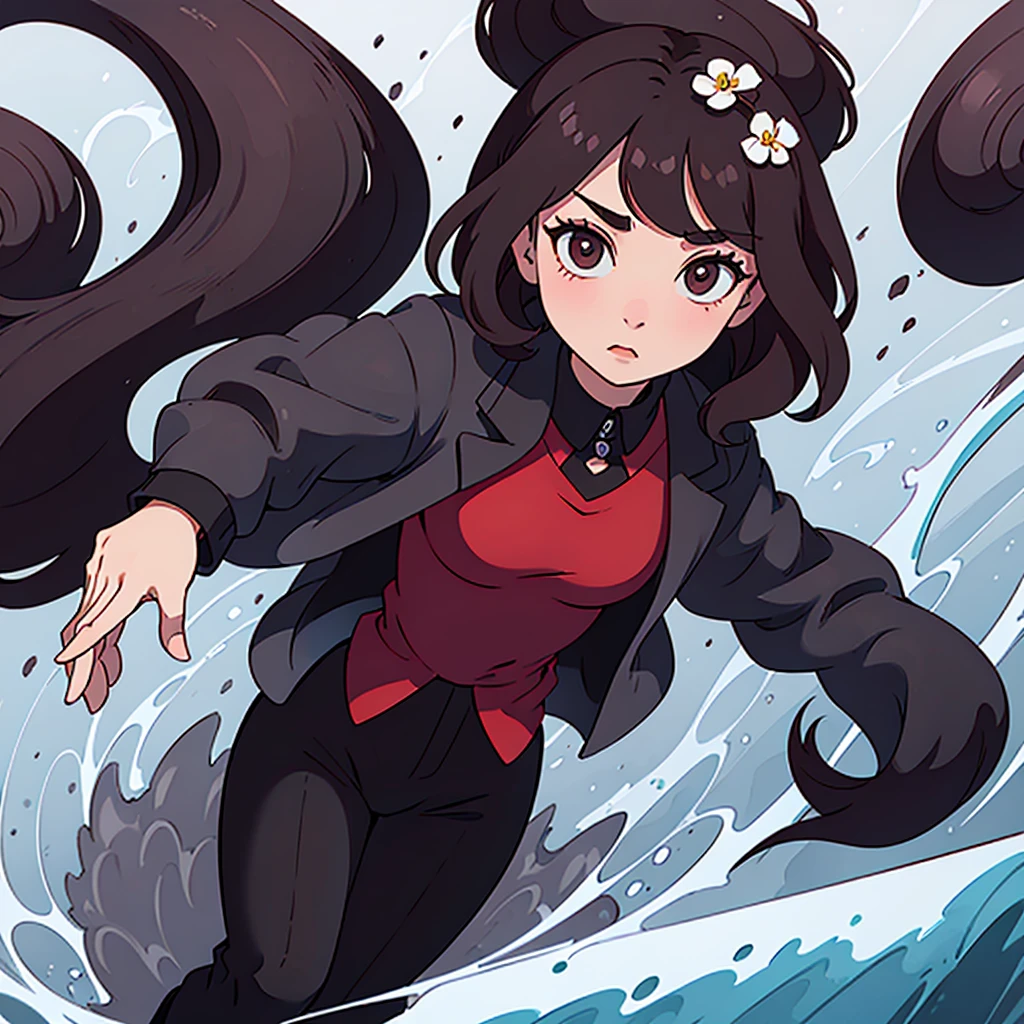 A woman named Marnie. She has short, curly and wavy dark brown hair. She has black eyes. Her personality is calm, blank, introvert. She is wearing dark red suit. She wearing white boots.