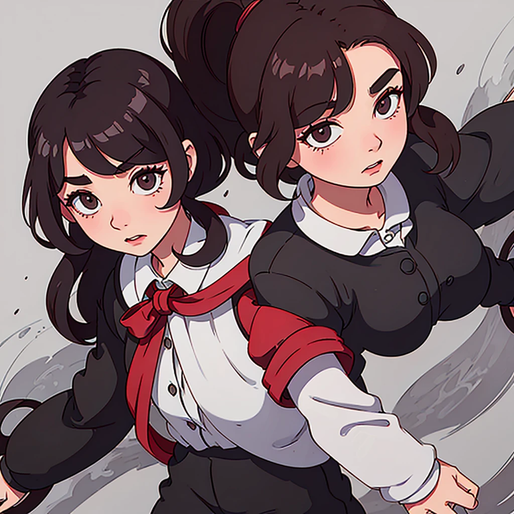 A woman named Marnie. She has short, curly and wavy dark brown hair. She has black eyes. Her personality is calm, blank, introvert. She is wearing dark red suit. She wearing white boots.