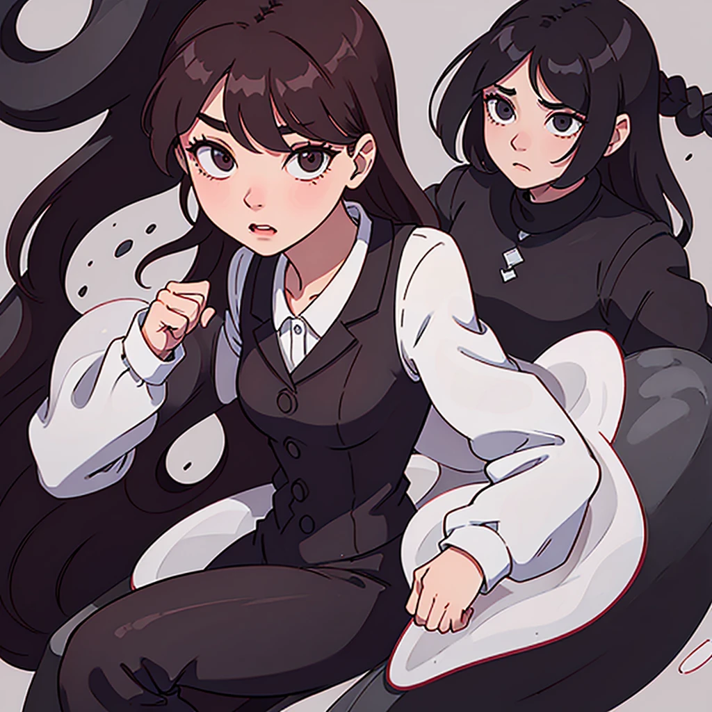 A woman named Marnie. She has short, curly and wavy dark brown hair. She has black eyes. Her personality is calm, blank, introvert. She is wearing dark red suit. She wearing white boots.