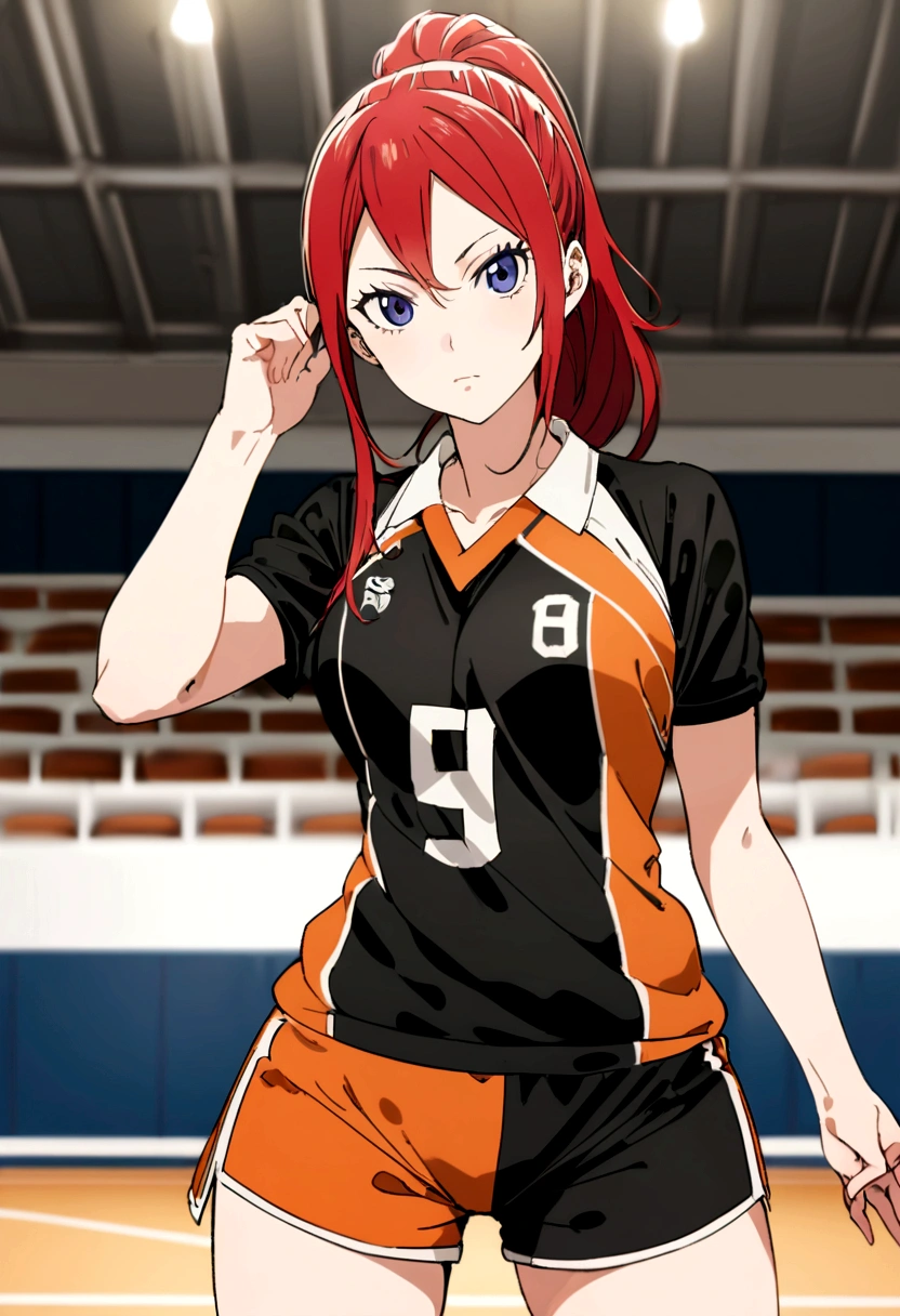 anime girl with red hair and black shirt posing for a picture, Generate an image of Erza Scarlet from 'Fairy Tail' dressed in the Karasuno High School volleyball team uniform from 'Haikyuu!!', complete with the number 1 on her jersey. She should be standing confidently on a volleyball court."