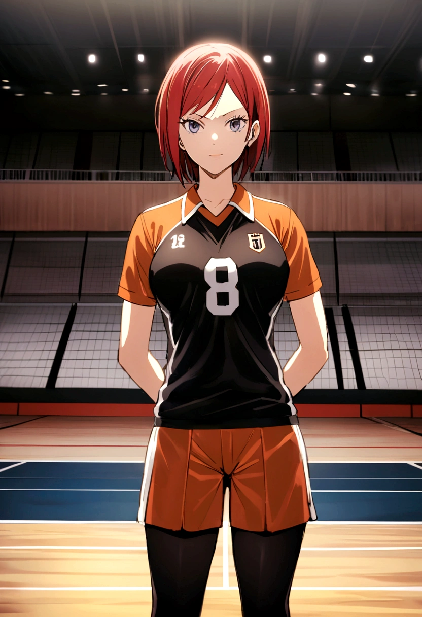 anime girl with red hair and black shirt posing for a picture, Generate an image of Erza Scarlet from 'Fairy Tail' dressed in the Karasuno High School volleyball team uniform from 'Haikyuu!!', complete with the number 1 on her jersey. She should be standing confidently on a volleyball court."