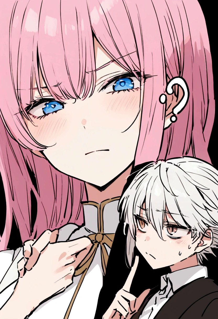 I would like you to create the cover of an anime book featuring a scene involving a young girl with long pink hair and light brown eyes, wearing a long white dress, next to a boy with short white hair and light blue eyes, dressed in a modern style. They are close, him caressing your cheek and exchanging intense looks, as she glares at him with a furious expression. And above the name of the book: I love you, but you love me?