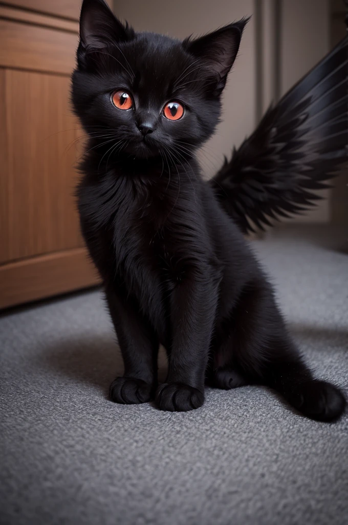 A black kitten, with wings and red eyes
