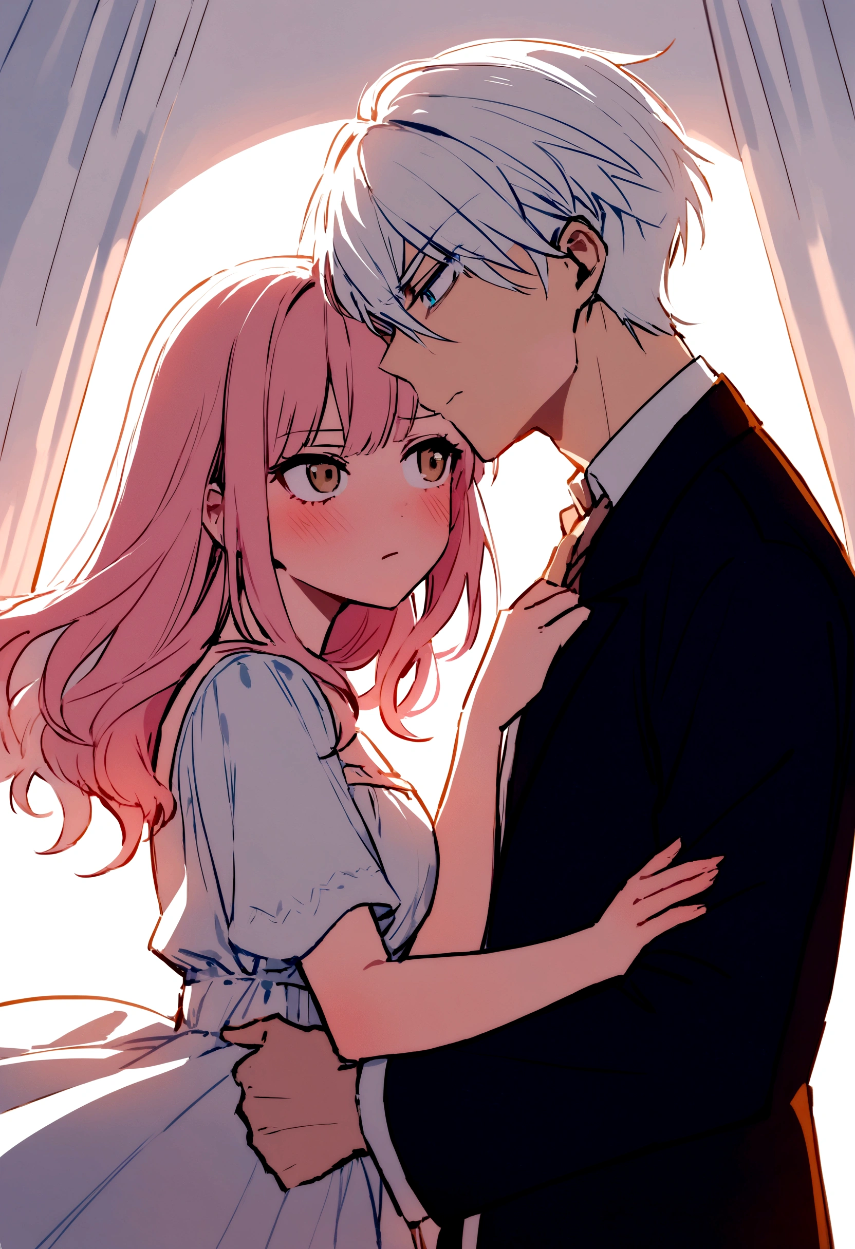 I would like you to create the cover of an anime book featuring a scene involving a young girl with long pink hair and light brown eyes, wearing a long white dress, next to a boy with short white hair and light blue eyes, dressed in a modern style. They are close, him caressing your cheek and exchanging intense looks, as she glares at him with a furious expression. And above the name of the book: I love you, but you love me?