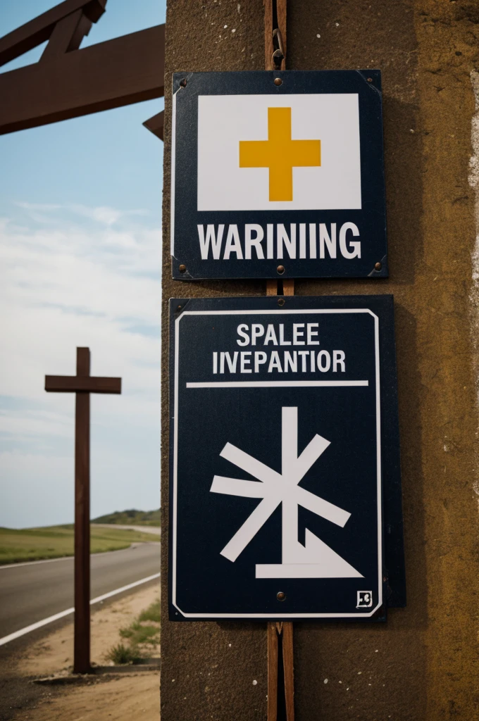 A warning sign with an inverted cross 