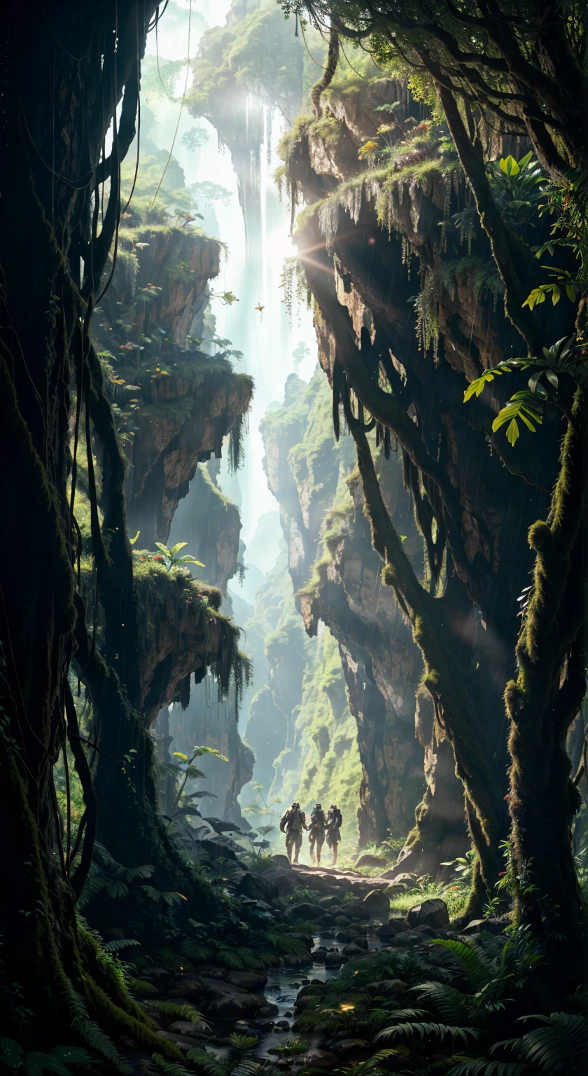 (35mmstyle:1.2), Highly detailed RAW color Photo, Rear Angle, looking out at magical lush green colour rain forest on an alien planet pandora same as movie avatar), similar to avatar movie planet , vivid detail, (exotic alien planet), (sci-fi), (mountains:1.1), (lush green alien vegetation), (two moons in sky:0.8), (highly detailed, hyperdetailed, intricate), (lens flare:0.7), (bloom:0.7), particle effects, raytracing, cinematic lighting, shallow depth of field, photographed on a Sony a9 II, 35mm wide angle lens, sharp focus, cinematic film , viewed from behind, dynamic angle, realistic