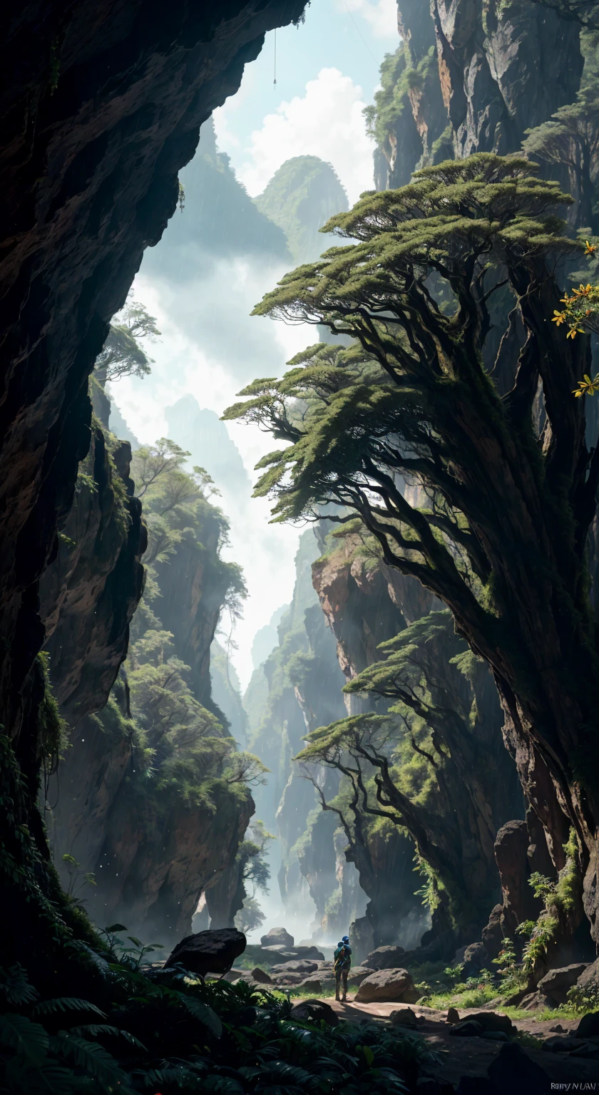 (35mmstyle:1.2), Highly detailed RAW color Photo, Rear Angle, looking out at magical lush green  colour  rain forest on an alien planet pandora same as movie avatar), similar to  avatar movie planet , vivid detail, (exotic alien planet), (sci-fi), (mountains:1.1), (lush green alien  vegetation), (two moons in sky:0.8), (highly detailed, hyperdetailed, intricate), (lens flare:0.7), (bloom:0.7), particle effects, raytracing, cinematic lighting, shallow depth of field, photographed on a Sony a9 II, 35mm wide angle lens, sharp focus, cinematic film , viewed from behind, dynamic angle, realistic 