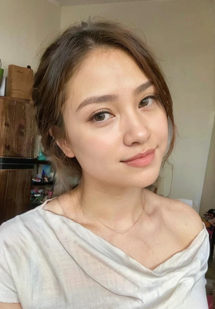 (best quality,8k,highres,masterpiece:1.2), realistic, photorealistic:1.37, UHD, studio lighting, sharp focus, extreme detail description, professional, vivid colors, bokeh, portraits, extremely detailed face texture, beautiful detailed eyes, beautiful detailed lips, extremely detailed hair, dark colored hair, youthful appearance, big round breast, cleavage, proportional eyes, seducing smile, clean and natural face, no makeup, bare face, indonesian face,