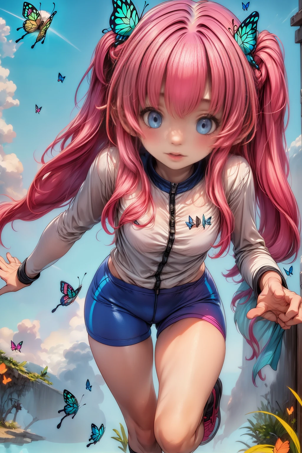 plano general, whole body, anime:1.5, a girl with long pink hair, Beautiful detailed eyes, beautiful detailed lips, extremely detailed face and eyes, long eyelashes, modern cinematic side sweep blush lighting, ray tracing, drop shadow , wide shot , high detail, textured skin, Best 4K quality, photorealistic, vivid colors, Masterpiece, digital art, ((fun dynamic pose, running to a butterfly:1.5))