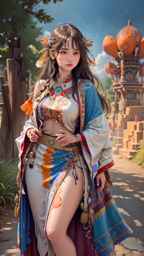 Transport yourself to a world of fantasy and magic with a breathtaking depiction of a Native American shaman princess, adorned with vibrant colors and intricate details, standing tall and proud behind a stunning UHD backdrop.