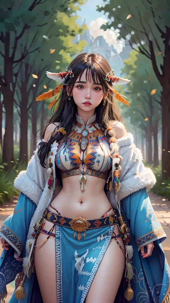 Transport yourself to a world of fantasy and magic with a breathtaking depiction of a Native American shaman princess, adorned with vibrant colors and intricate details, standing tall and proud behind a stunning UHD backdrop.