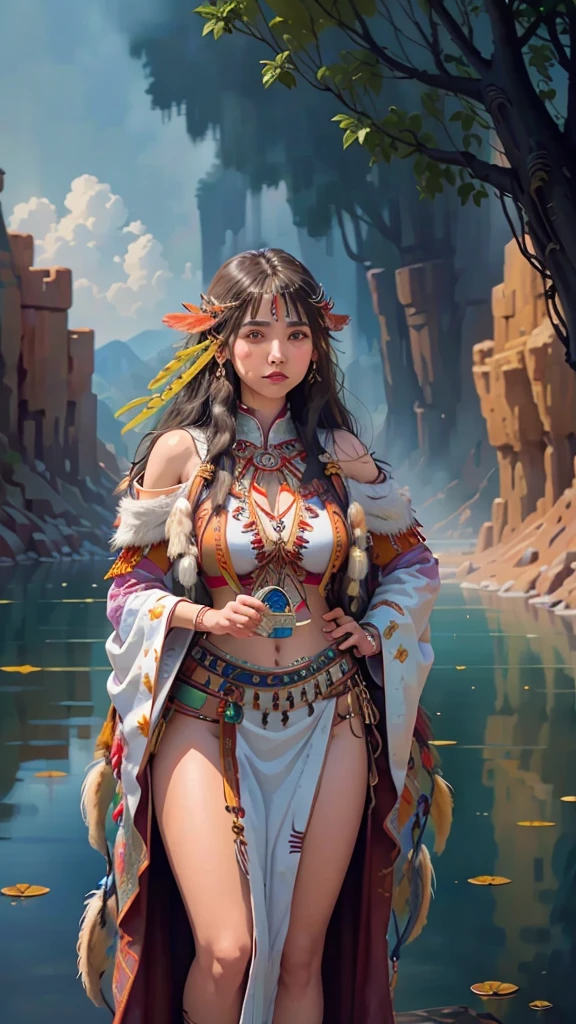 Transport yourself to a world of fantasy and magic with a breathtaking depiction of a Native American shaman princess, adorned with vibrant colors and intricate details, standing tall and proud behind a stunning UHD backdrop.