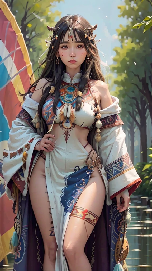 Transport yourself to a world of fantasy and magic with a breathtaking depiction of a Native American shaman princess, adorned with vibrant colors and intricate details, standing tall and proud behind a stunning UHD backdrop.