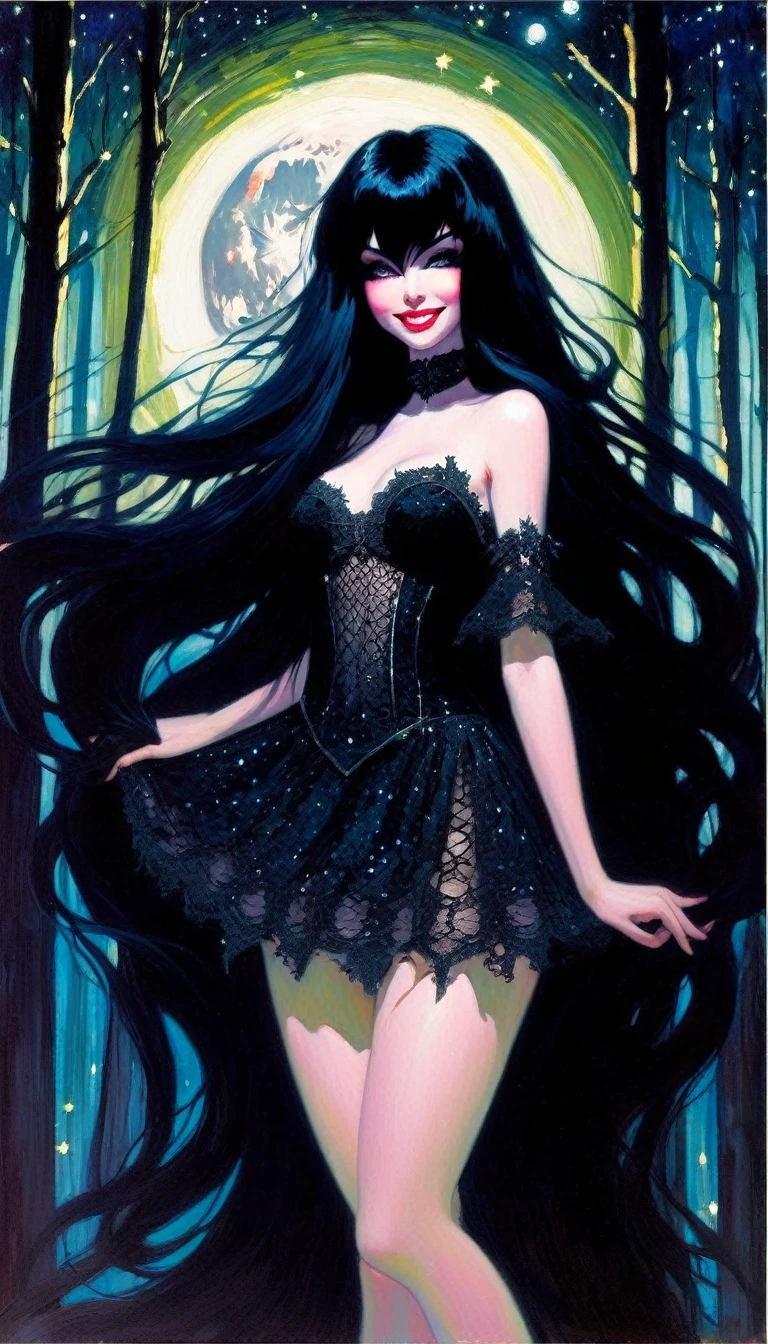 magical girl, very long black hair, very sexy lace dress, naked sinister forest, magic, fantastic, night sky, moons, stars, background, nsfw, face full week, week in face, week in body, all week full, smile, (art inspired by Bill Sienkiewicz). oil painting)
