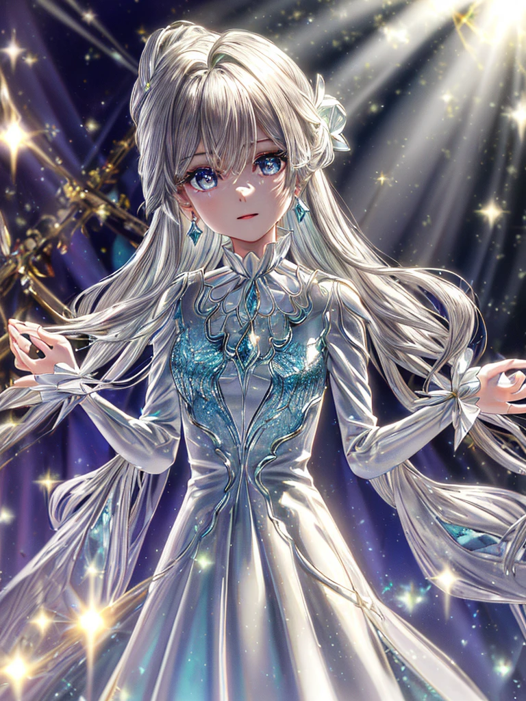 masterpiece, highest quality, figure, alexandrite eyes and hair, platinum earrings, Platinum Necklace, white dress, The Little Mermaid, cute, (dynamic lighting:1.2), cinematic lighting, delicate features, fine eyes, sharp pupils, realistic student, Depth of bounds written, Bokeh, sharp focus, (very detailed, bloom, shine:1.4), Many Small Gems